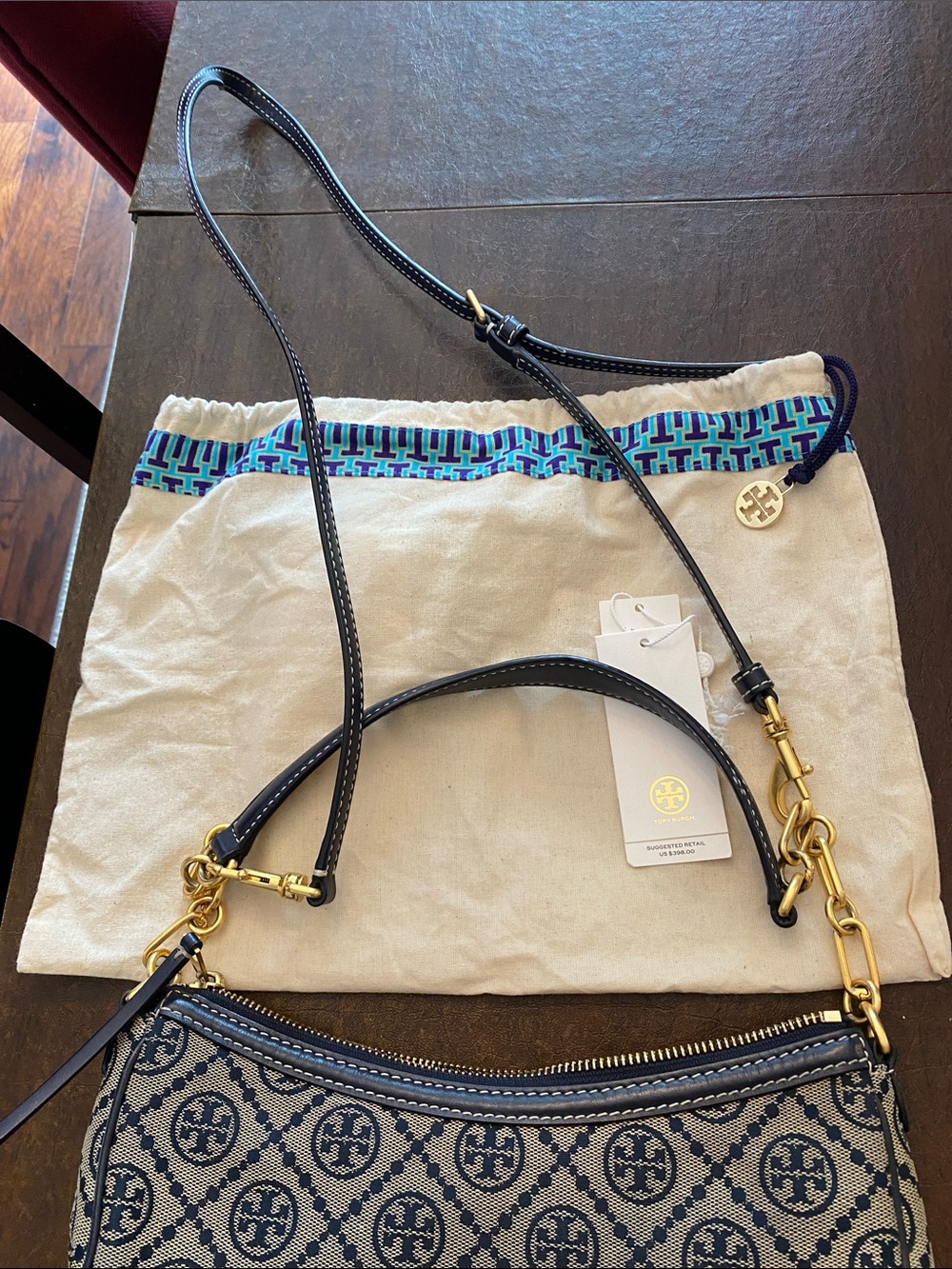 Tory Burch Navy and Beige Logo Jacquard Shoulder Bag - Picture 6 of 8